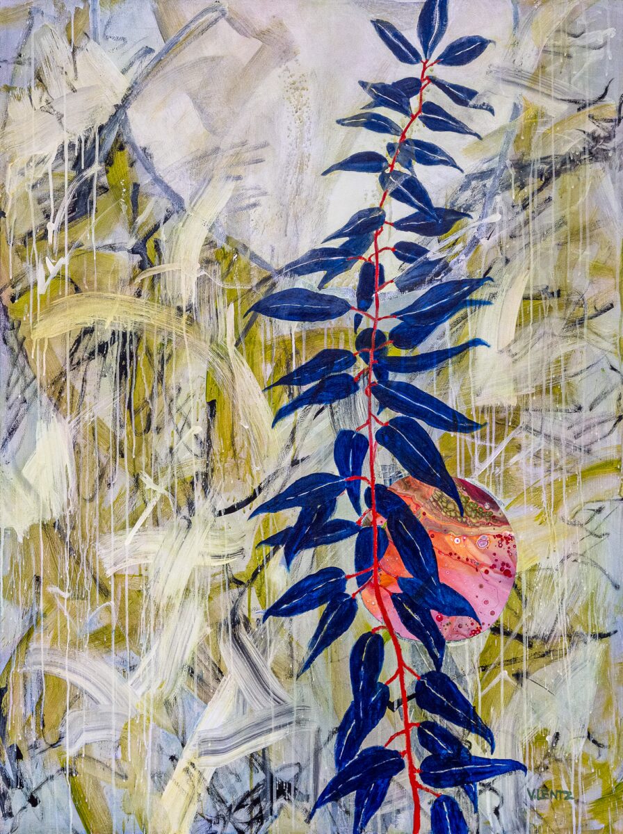 Vicky Lentz
"Towards the Light de la série « Roadside 
Inhabitants »" – acrylique et collage sur toile 
(2025).