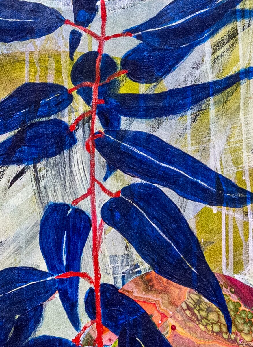 Vicky Lentz
Towards the Light de la série « Roadside Inhabitants » 
– acrylique et collage sur toile (2025).
: détail